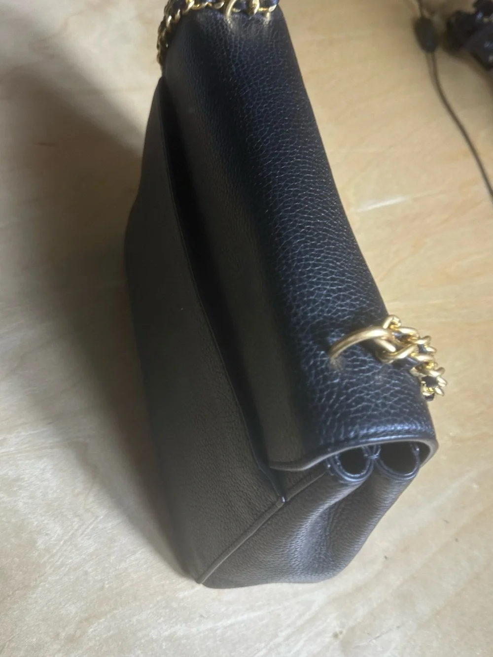 Tory Burch Black Pebbled Leather Shoulder Bag with Gold Chain